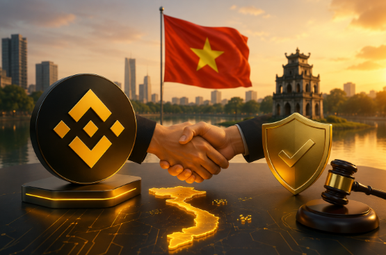 A promotional graphic featuring a Binance logo, a Vietnamese flag, and a handshake over a digital map, with a shield and gavel in the foreground.