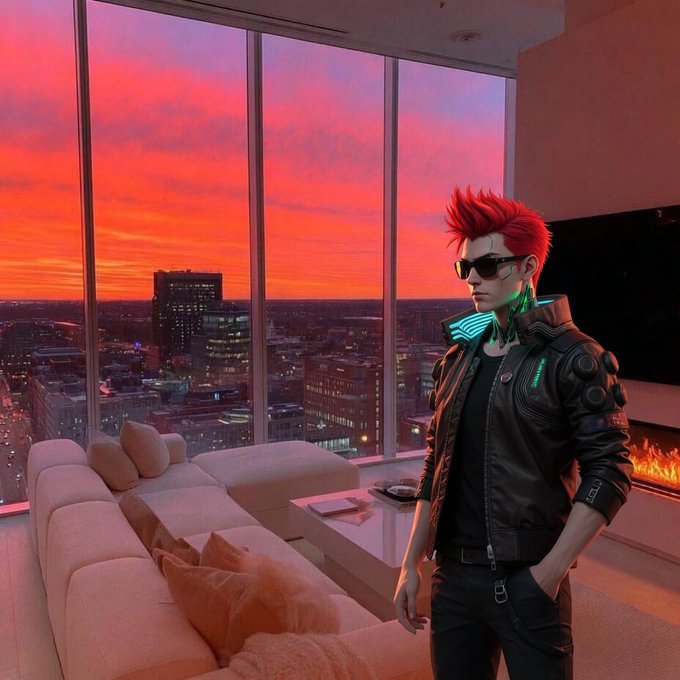 A stylized digital artwork depicts a man with spiky red hair, sunglasses, and a black leather jacket standing in a modern high-rise apartment overlooking a city at sunset.