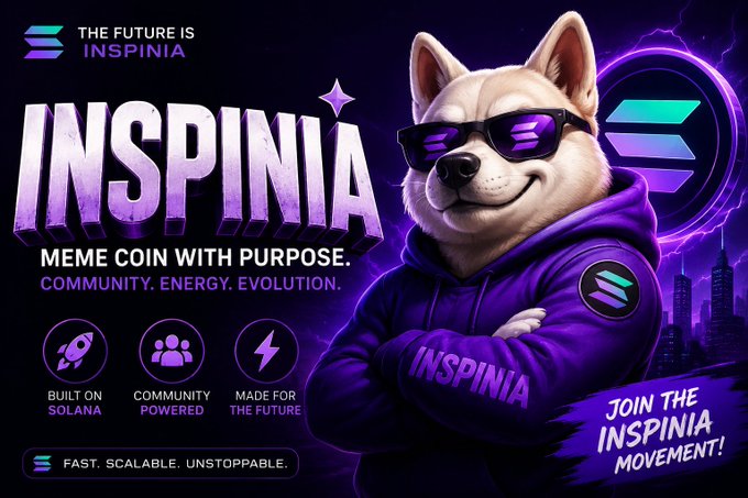 The image features a cartoon dog wearing sunglasses and a purple hoodie with the word "inspinia" written on it, standing against a purple background. The text above the dog reads "Inspinia meme coin with purpose", while below the dog there is a description of how the coin works. The post also mentions that the coin is powered by community energy and has been built for the next generation of Solana developers who believe memes can inspire massive momentum.