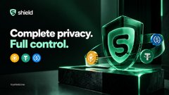 A promotional graphic for a cybersecurity service called 'shield,' featuring the slogan 'Complete privacy. Full control.' alongside icons for crypto, password protection, and privacy.
