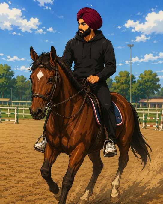 An anime-style illustration shows a man with a beard wearing a red turban and black hoodie riding a brown horse in a sandy arena under a blue sky.