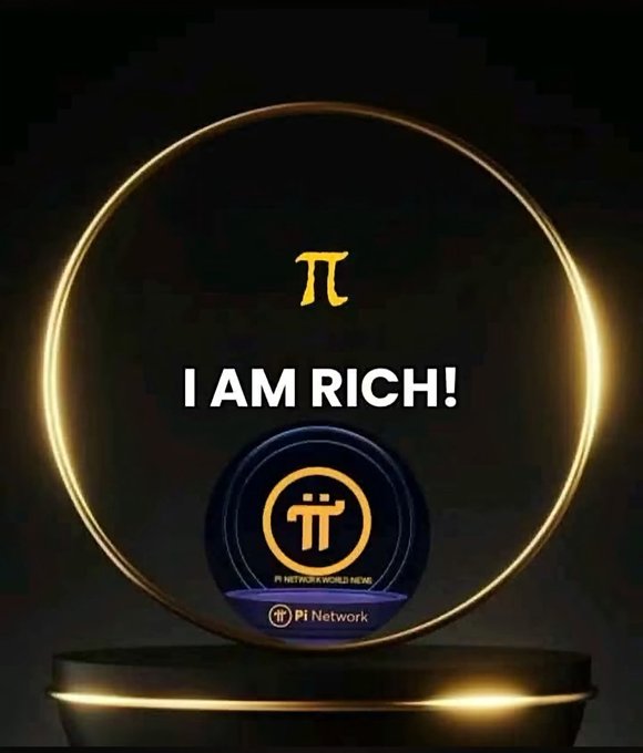 A promotional graphic with a dark background features a glowing gold ring encircling a pi symbol, the text 'I AM RICH!', and a Pi Network coin labeled 'Pi Network WORLD NEW!' displayed on a pedestal.
