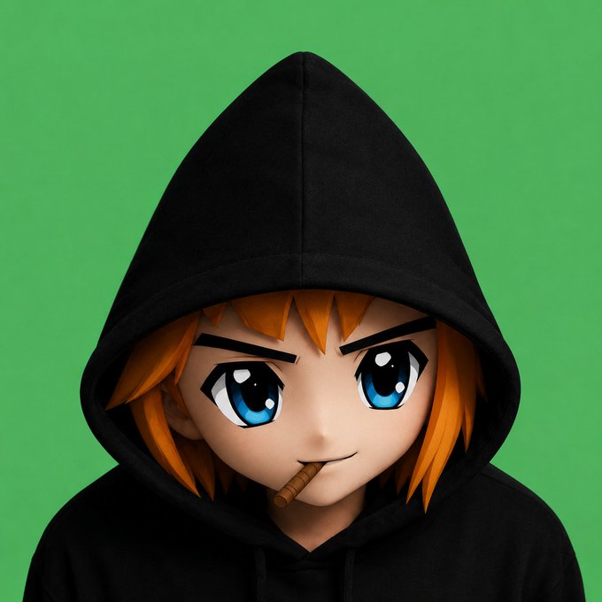 A 3D-rendered chibi character with orange hair and large blue eyes wearing a black hoodie, with a cigar in its mouth, set against a green screen background.