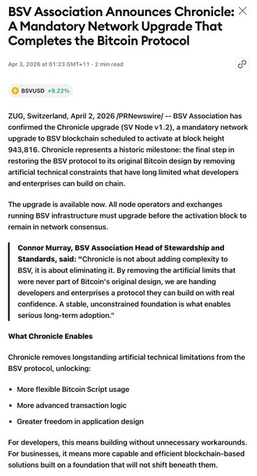A news article announcing the BSV Association's Chronicle upgrade (SV Node v1.2), a mandatory network upgrade activating at block height 943,816, aimed at restoring the BSV protocol to its original Bitcoin design by removing artificial technical limitations.