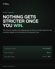A Rocket Pool notification that reads 'AFTER FUNDING NOTHING GETS STRICTER ONCE YOU WIN,' explaining that limits after funding remain unchanged at the moment of first payout, with new sanctions still 0% and split-the-bounty skill 0%.