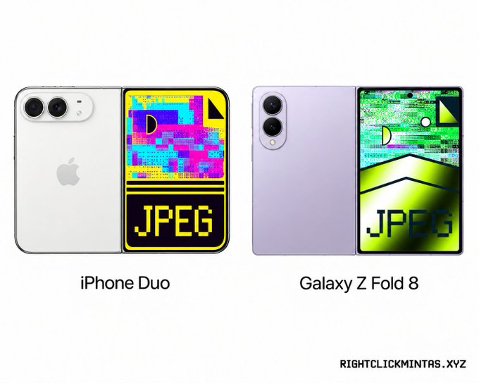 A comparison graphic showing a white "iPhone Duo" and a purple "Galaxy Z Fold 8" concept device, both displaying a JPEG glitch art image on their inner screens, credited to "RIGHTCLICKMINTRS.XYZ".