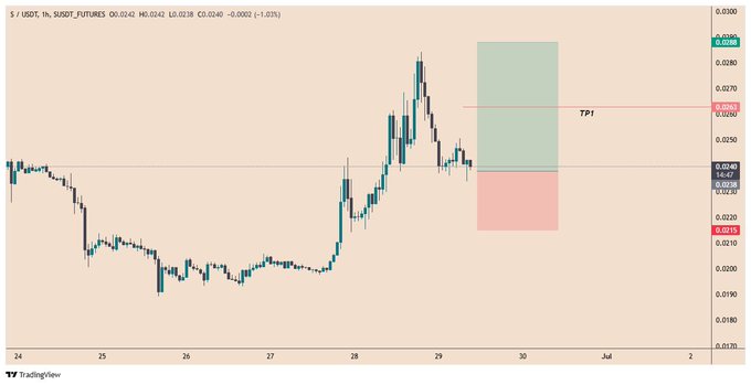 A TradingView candlestick chart for S/USDT on Bybit Futures showing price action from June 24-30 with a marked trade setup box and a 'TP1' take-profit line near 0.0270.