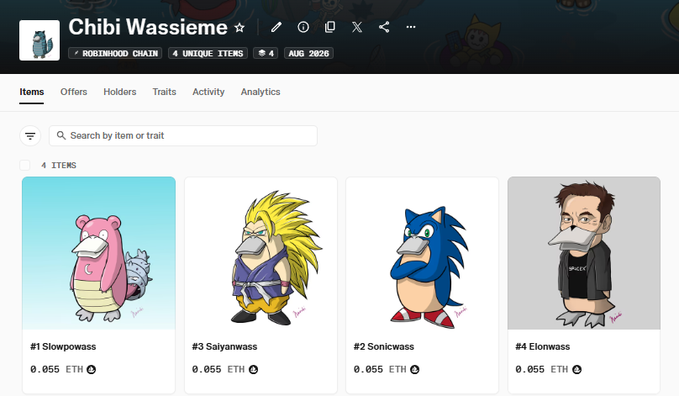 A screenshot of the 'Chibi Wassieme' NFT collection on a marketplace, showing 4 unique items including 'Slowpowass', 'Saiyanwass', 'Sonicwass', and 'Elonwass', each priced at 0.055 ETH.