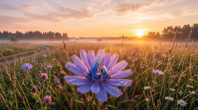 A close-up of a purple flower with water droplets in a misty meadow at sunrise.