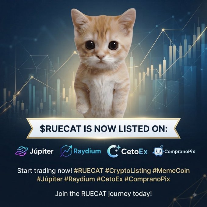 A cryptocurrency promotional image for $RUECAT featuring an orange tabby kitten superimposed over a stock chart background. Text announces '$RUECAT IS NOW LISTED ON: Júpiter, Raydium, CetoEx, CompranoPix' with hashtags for #RUECAT, #CryptoListing, #MemeCoin.