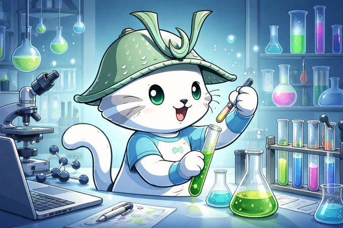 The image features a cartoon cat wearing a green hat, sitting at a desk with various laboratory equipment around it. The cat appears to be conducting an experiment or making a discovery using a test tube filled with a green liquid. The scene takes place in what seems to be a science lab setting, with numerous test tubes and other scientific instruments visible on the table.