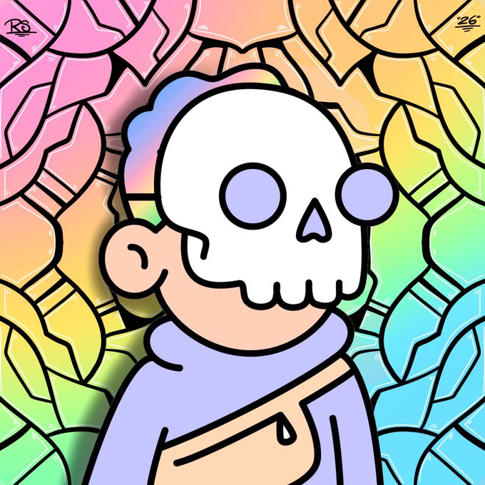 A colorful cartoon-style illustration of a character with a white skull-like head, blue hair, and sunglasses against a vibrant stained-glass pattern background in pink, yellow, and green hues.