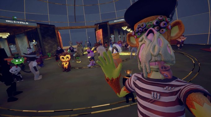 A VR/social platform scene showing various avatars including a creepy octopus-faced sailor character and a green alien in the foreground, with other users gathered in what appears to be a virtual hall.