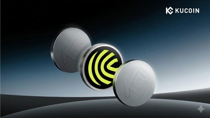 Three metallic coin-like discs featuring a stylized "C" logo float against a sleek, gradient backdrop, with the center disc illuminated in bright green, while the KuCoin logo appears in the top right corner—visually representing the Cap (CAP) protocol highlighted in the blog post for bringing blockchain-based transparency to private credit markets.