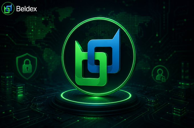 A digital graphic featuring a stylized green and blue interlocking logo inside a neon green ring on a dark, circuit-board style background with the text "Beldex" in the top-left corner.