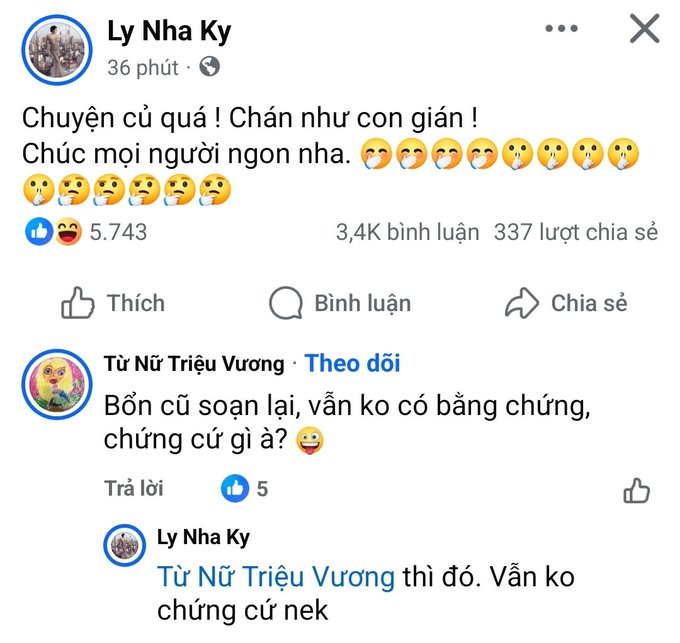 A screenshot of a Facebook post by 'Ly Nha Ky' reads 'Chuyện cũ quá! Chán như con gián! Chúc mọi người ngon nha' with drooling emojis, showing 5,743 reactions and 3.4K comments. A reply from 'Tử Nữ Triều Vương' asks for evidence, to which Ly Nha Ky responds that there's still no evidence.