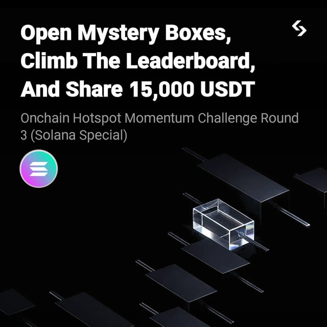 The image features a black background with a white text box that reads "Open Mystery Boxes, Climb The Leaderboard, And Share 15,000 USDT". Below this, there are three lines of text providing information about an Onchain hotspot Consensus Challenge Round and how to participate in it.