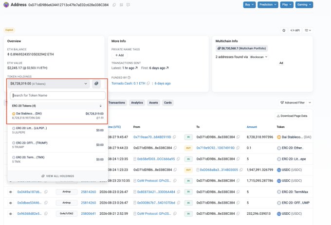 The image displays an Etherscan address page for 0x71dD98...C384, showing a balance of 8,728.319 DAI in Token Holdings, corroborating the post about the MoonwellDeFi exploit on Base that resulted in approximately $8.7M in stolen DAI funds now sitting at this address.