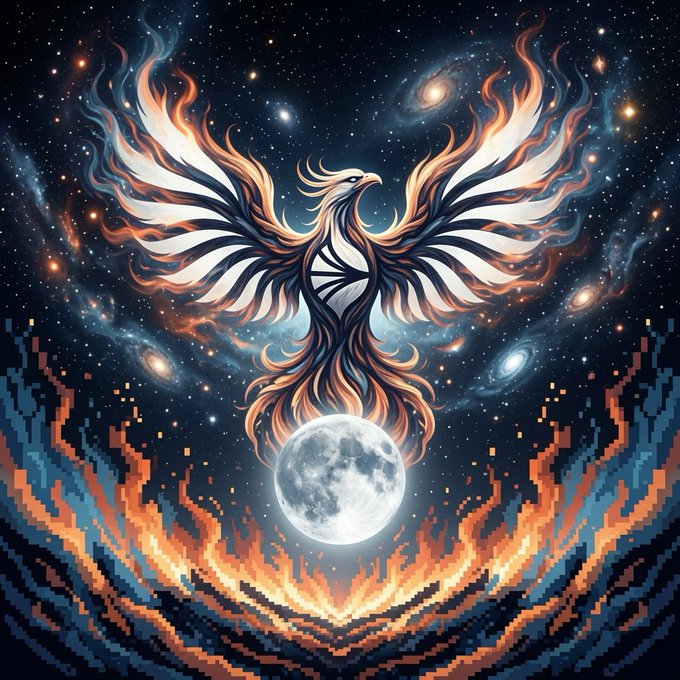 A digital artwork of a fiery phoenix with outstretched wings rising from pixelated flames, with a full moon below against a starry galaxy background.