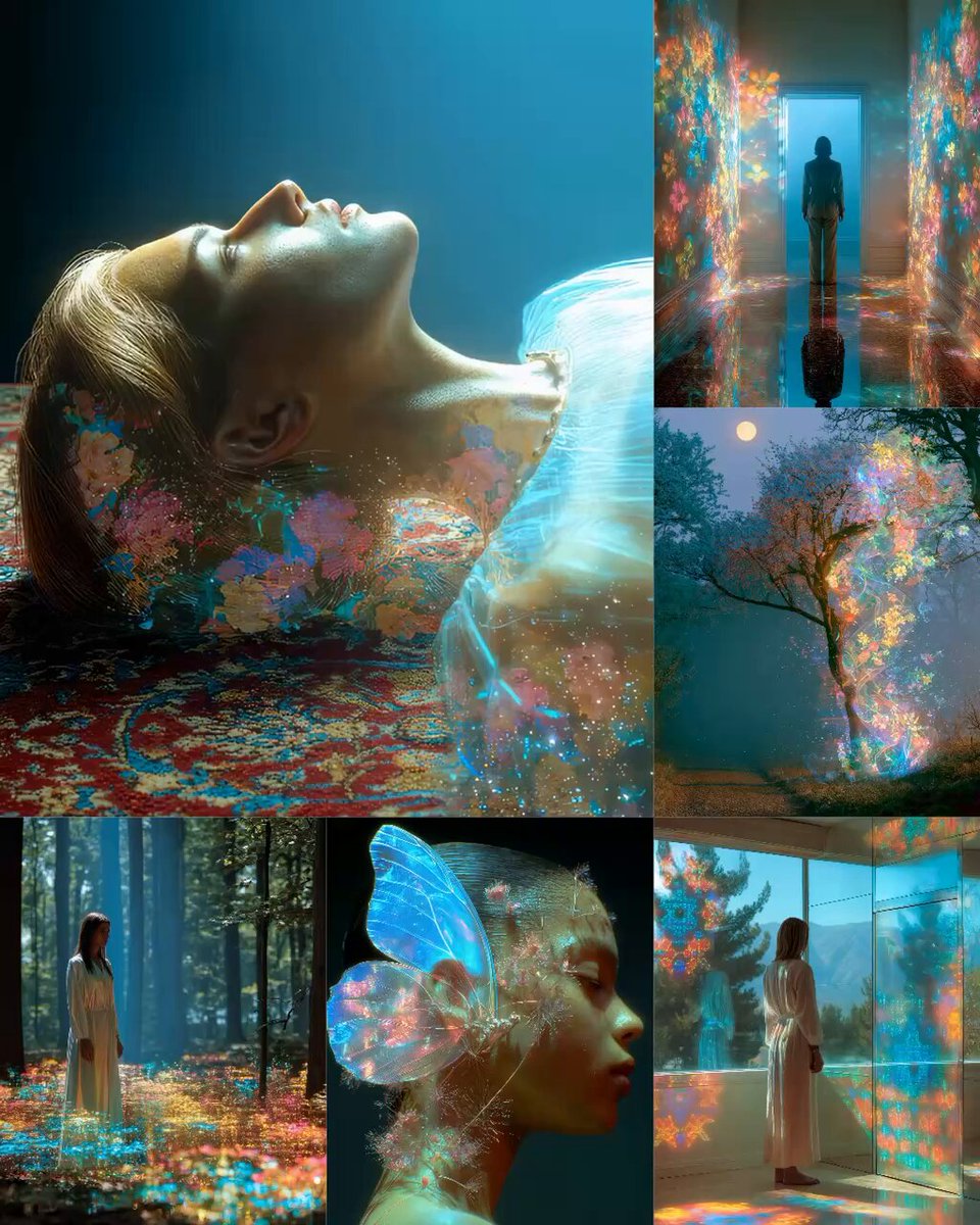 A collage of photographs that include a picture of a person wearing a white dress with blue flowers on their hair, a close-up photo of another person's face, an abstract image featuring a green tree, and a black and white photograph of a woman looking at something outside through a window in front of her. The post is related to selling art when it is down or online by @SuperRare.