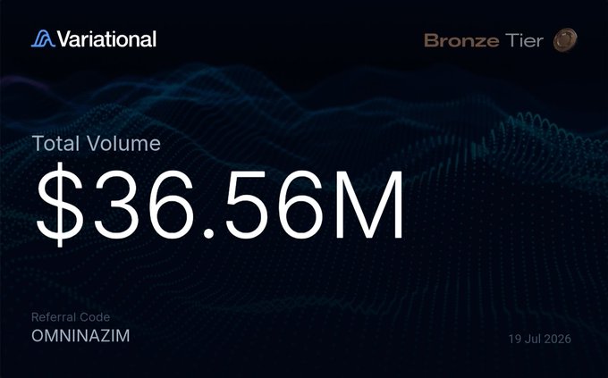 A screenshot showing a 'Variational' Bronze Tier status with a 'Total Volume' of '$36.56M', a 'Referral Code' of 'OMNINAZIM', and a date of '19 Jul 2026'.