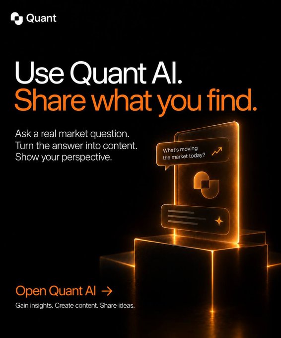A promotional graphic for "Quant AI" with the tagline "Use Quant AI. Share what you find," showing an illuminated 3D phone interface with a chatbot asking "What's moving the market today?".