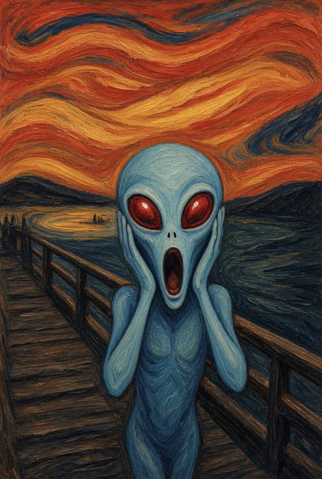 A painted artwork features a blue alien with large red eyes and an open mouth, screaming with its hands on its face, set against a swirling orange and red sky on a wooden bridge over water.