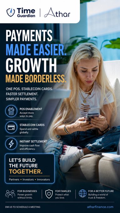 A promotional advertisement for "Time Guardian | Athar" highlighting "PAYMENTS MADE EASIER. GROWTH MADE BORDERLESS." with features like POS enablement, stablecoin cards, and instant settlement, alongside a woman using a smartphone.