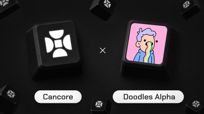 A promotional graphic showing two keycaps side by side: one labeled 'Cancore' and the other labeled 'Doodles Alpha' featuring a cartoon character vomiting a rainbow.