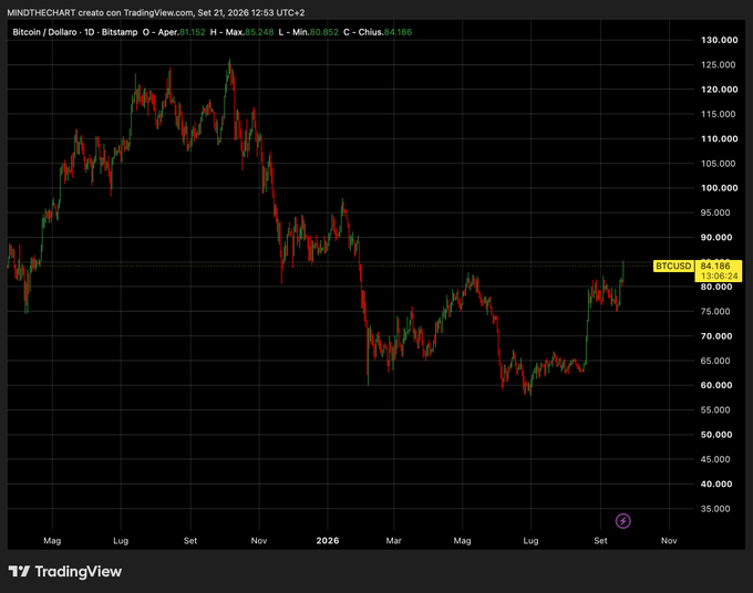 A TradingView chart shows Bitcoin/Dollar (BTCUSD) on Bitstamp, with the current price at $81,162 on September 21, 2026, displaying a significant price drop from highs near $125,000 to lows around $60,000 over a one-year period.