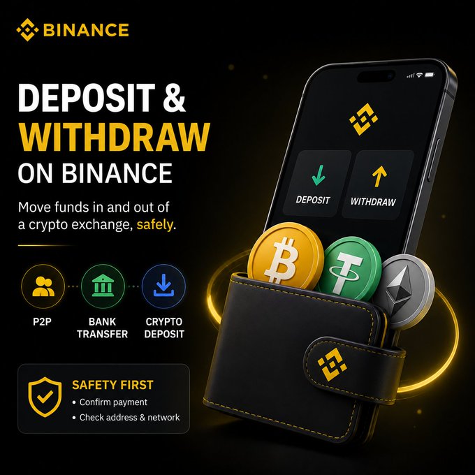 A Binance promotional graphic titled "DEPOSIT & WITHDRAW ON BINANCE" illustrates a smartphone displaying Deposit and Withdraw buttons alongside a black wallet holding Bitcoin, Tether, and Ethereum coins, highlighting funding methods like P2P, Bank Transfer, and Crypto Deposit, along with a "SAFETY FIRST" reminder to confirm payments and verify addresses and networks—reinforcing the post's message about the simplicity of moving crypto and the importance of getting the details right.