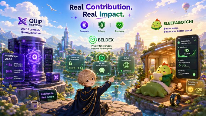 A colorful, anime-style digital illustration titled "Real Contribution. Real Impact." advertises "QUIP NETWORK," "BELDEX," and "SLEEPAGOTCHI," showing an anime boy in a magical floating city with glowing tech nodes and a green creature sleeping on a bed.