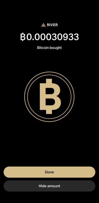 A River app screen shows '฿0.000030933 Bitcoin bought' with a gold Bitcoin logo and Done/Hide amount buttons.