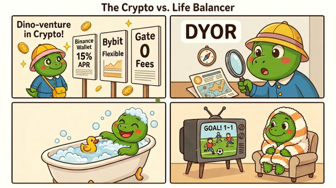 The image features a cartoon illustration of a green dinosaur sitting inside a bathtub filled with bubbles while holding a magnifying glass over its head. The scene also includes other cartoon dinosaurs engaging in various activities, such as watching TV or playing soccer. The text at the bottom of the image reads "The Crypto vs Life Balancer" and "DYOR Gatee O fees".