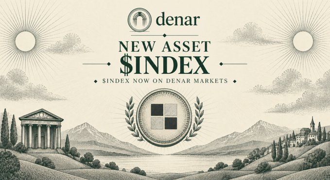 Vintage-style announcement banner for the denar markets "NEW ASSET $INDEX" featuring a classical landscape illustration with a Grecian temple and laurel-wreathed emblem.