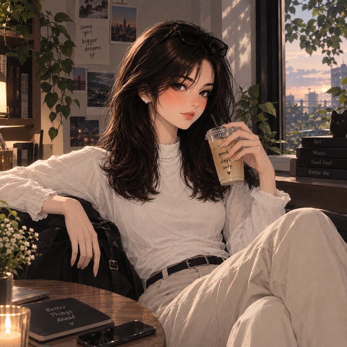 A digital illustration of an anime-style young woman with long dark hair and sunglasses on her head, wearing a white blouse, sitting in a cozy cafe holding an iced coffee cup, surrounded by books with titles like 'Art,' 'Music,' 'Good Food,' and 'Better Me.'