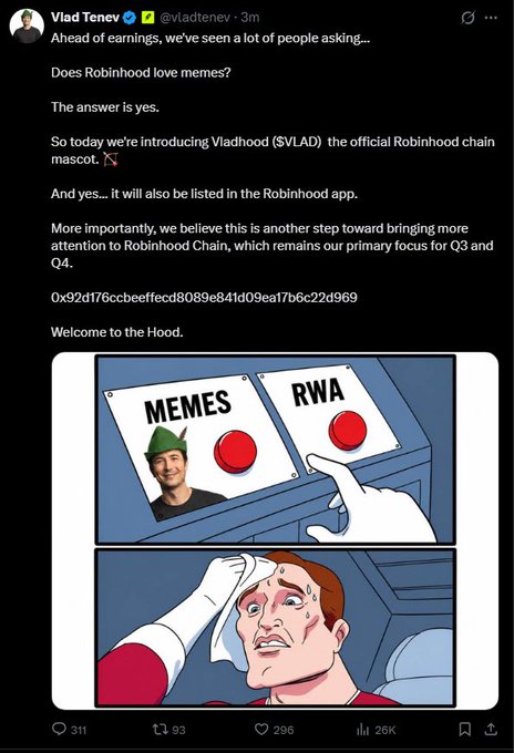 A tweet from Vlad Tenev (@vladtenev) introduces "$VLAD," described as the official Robinhood chain mascot, featuring a meme of him between "MEMES" and "RWA" buttons, with the contract address "0x92d1766cbeeffecd8089e841d09ea17b6c22d969."

The image ties into the accompanying post's concerns about trust and security, visually supporting the claim that the founder's account was used to post a meme coin by displaying the actual promotional tweet and contract address in question.
