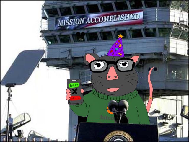 A cartoon rat wearing glasses and a party hat stands at a podium in front of the White House 'Mission Accomplished' banner, holding a phone displaying Buy/X/Sell buttons.