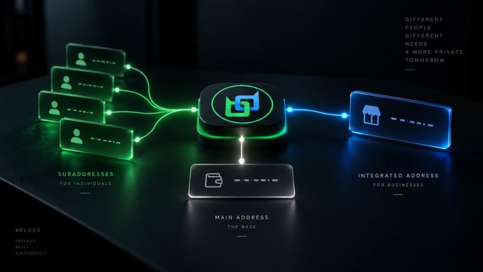 A 3D infographic illustrating the 'Beldex' privacy ecosystem, showing subaddresses connecting to a main address, which branches to an integrated address and a wallet, with the tagline 'Different people different needs a more private tomorrow'.