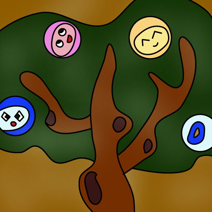 A cartoon illustration of a tree with brown branches and trunk, set against a green canopy backdrop decorated with colorful, round faces.
