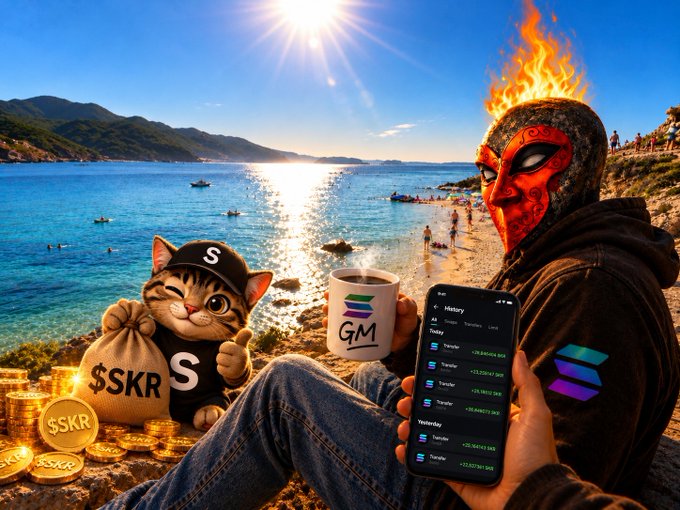 A surreal AI-generated image showing a person in a red luchador mask with a flaming head using a smartphone to view crypto history, alongside a cat in a black cap holding a money bag labeled '$SKR' with gold coins, with a beach and ocean in the background.