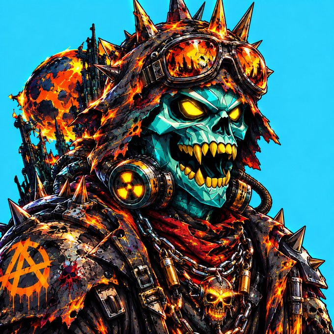 A vibrant digital illustration of a menacing skull-faced warrior wearing spiked armor, goggles, and a gas mask, with fiery orange textures and an anarchy symbol visible on the shoulder.