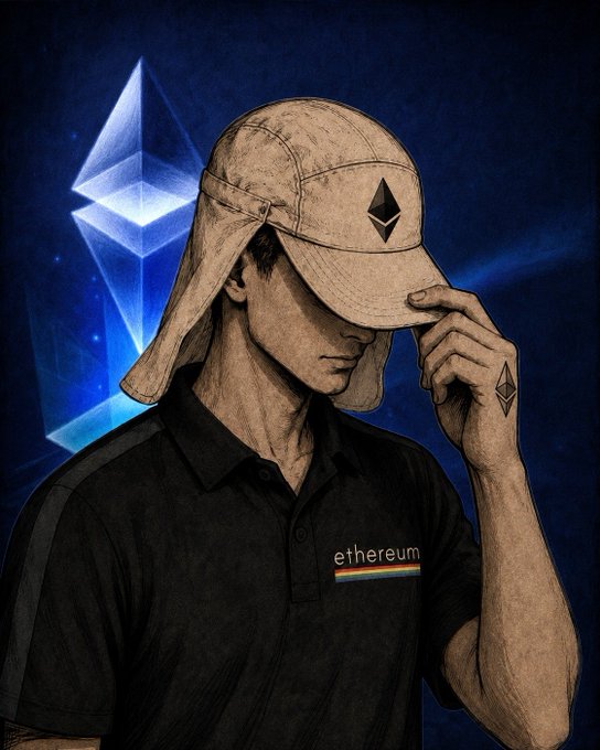 An illustrated portrait of a man wearing a sun flap cap with an Ethereum logo, tipping the brim to hide his eyes, with a glowing blue Ethereum diamond logo in the background and 'ethereum' text on his black polo shirt.
