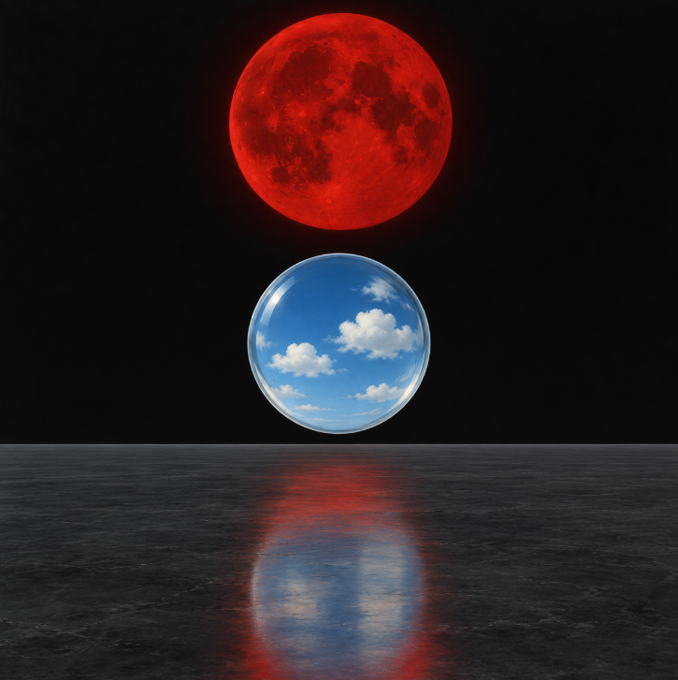 A red blood moon positioned above a blue sky bubble, both reflected on a dark surface beneath them against a black background.