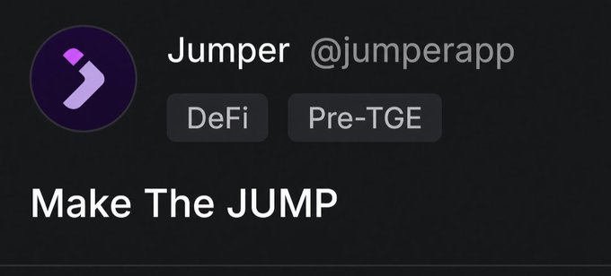 Twitter/X profile header for 'Jumper' (@jumperapp), a DeFi Pre-TGE project, featuring a purple logo and the tagline 'Make The JUMP' on a black background.