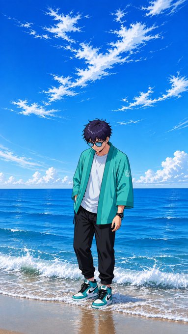 An anime-style illustration of a young man with dark hair and sunglasses standing on a beach, wearing a teal jacket, white shirt, and dark pants.