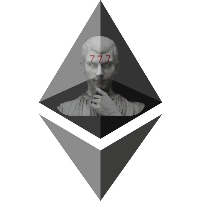 An Ethereum logo (diamond shape) with a classical Roman statue bust inside featuring red '777' markings over the eyes.