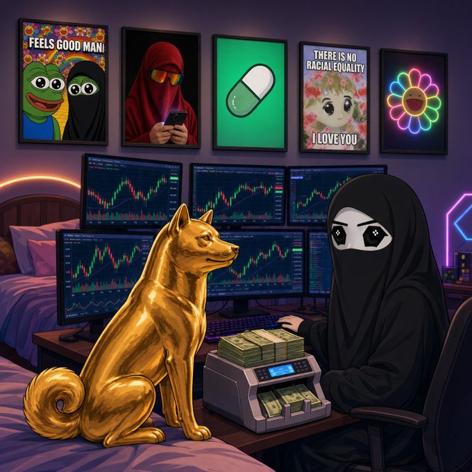 An anime-style illustration showing a woman in a black niqab at a multi-monitor trading setup with a golden Shiba Inu dog statue and a money-counting machine, with framed posters on the wall including Pepe and messages 'FEELS GOOD MAN!' and 'THERE IS NO RACIAL EQUALITY I LOVE YOU'.