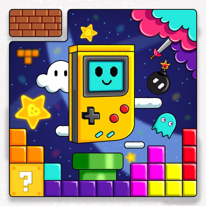 A colorful cartoon illustration featuring a yellow Game Boy-like character with a smiley face screen, surrounded by retro gaming elements like Tetris blocks, stars, ghosts, and a bomb.
