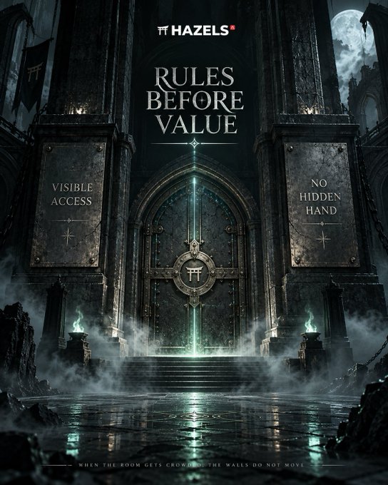 A promotional poster for 'HAZELS' with the headline 'RULES BEFORE VALUE,' depicting a dark gothic gate flanked by 'VISIBLE ACCESS' and 'NO HIDDEN HAND,' and the tagline 'WHEN THE ROOM GETS CROWDED, THE WALLS DO NOT MOVE.'